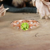 Round Cut Peridot Engagement Ring Unique Distance Band Ring